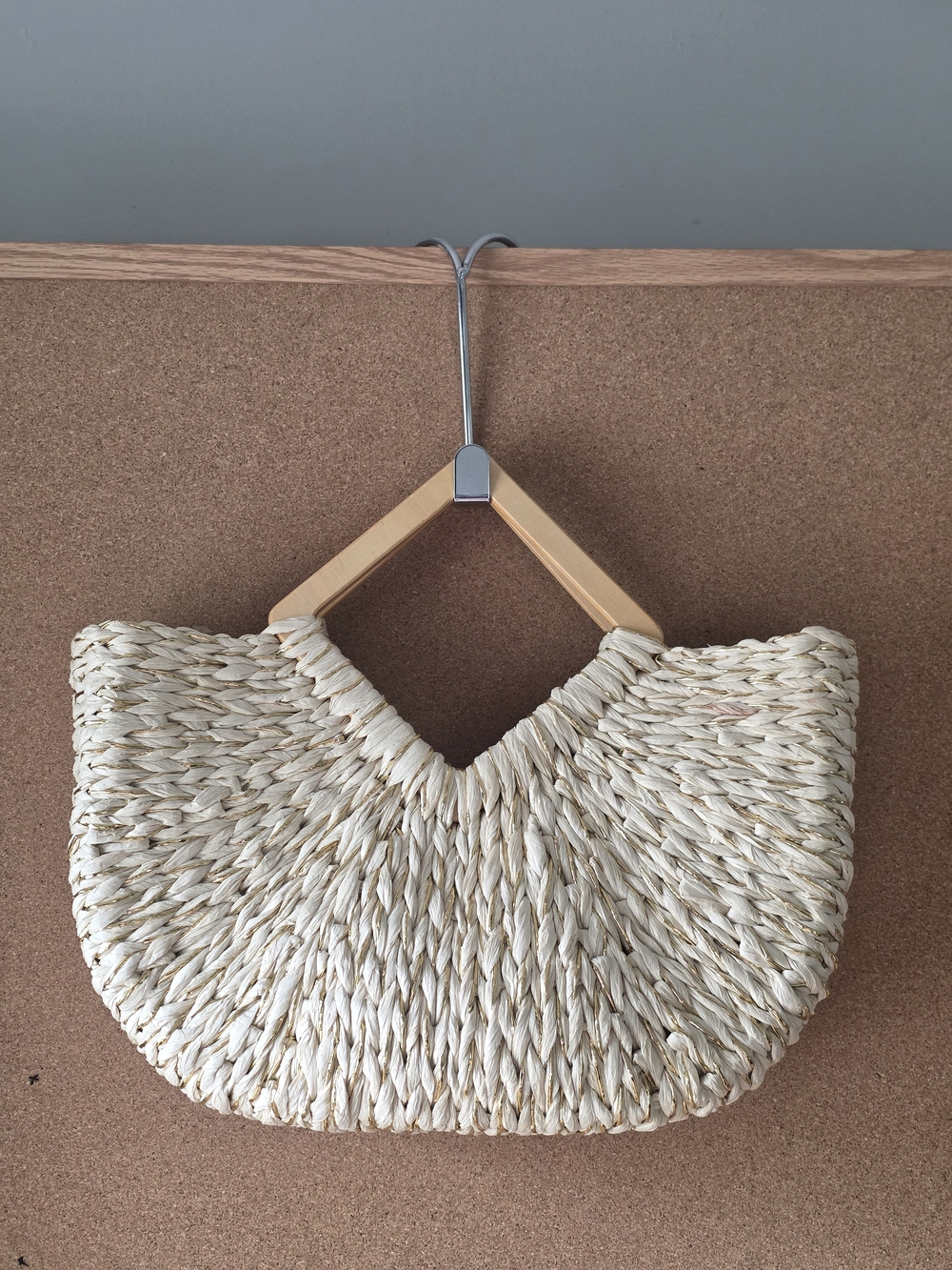 Woven Large Straw Raffia Handbag w/ Wooden Handles & Gold Thread Half Moon